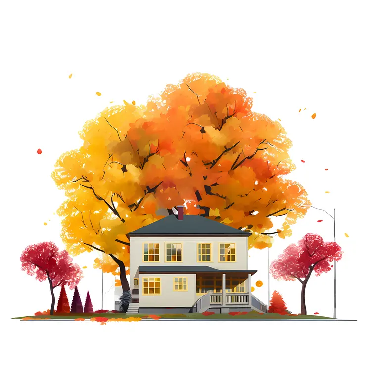 Lovely House with Golden Autumn Leaves