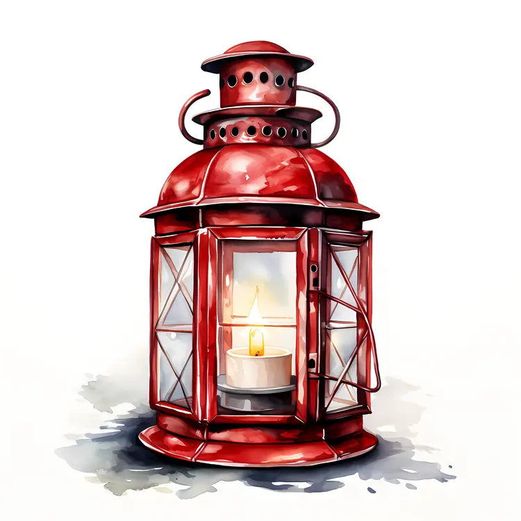 Red Lantern with Candle and Snow