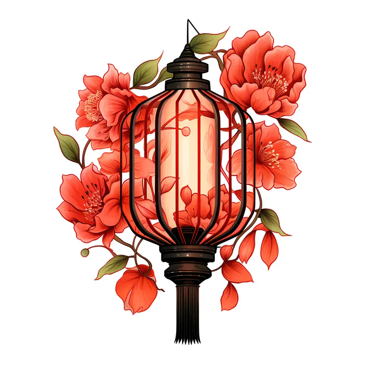 Red Lantern with Cage Design and Flowers