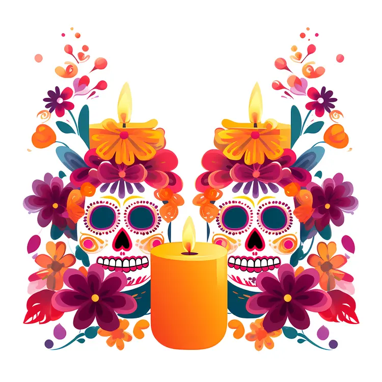 Colorful Sugar Skulls with Candles and Flowers for Day of the Dead Celebration