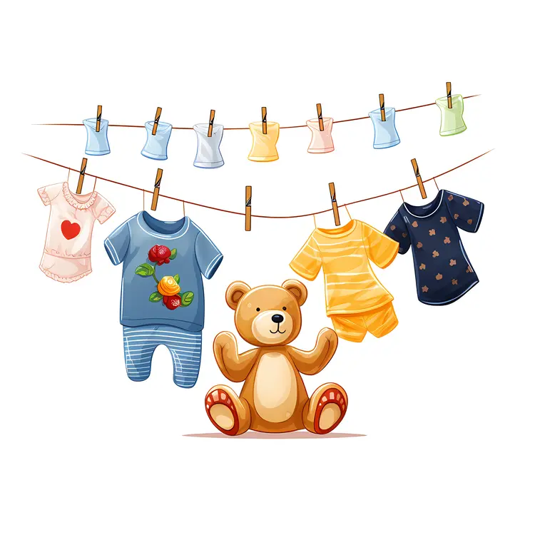 Cute Teddy Bear with Baby Clothes on Clothesline