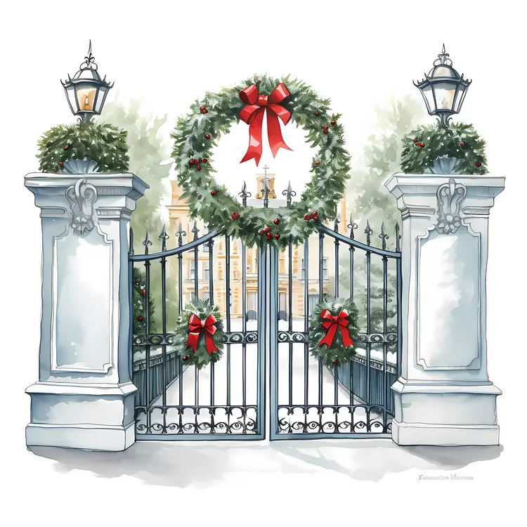 Christmas Gate with Large Wreath and Red Bows