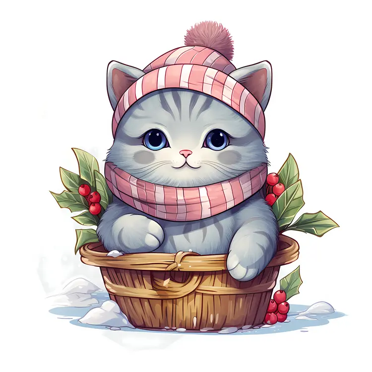 Kitten in Basket with Hat and Scarf
