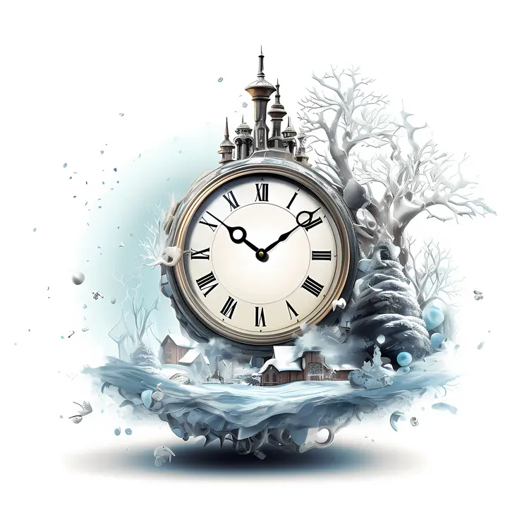 Winter Castle Clock with Snowy Landscape