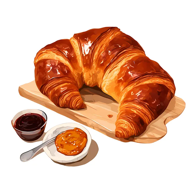 Golden Croissant on Wooden Board with Jam and Butter