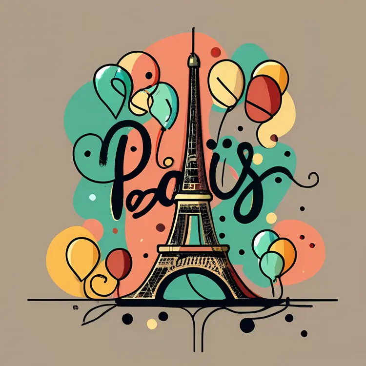 Eiffel Tower with Paris Text and Colorful Balloons