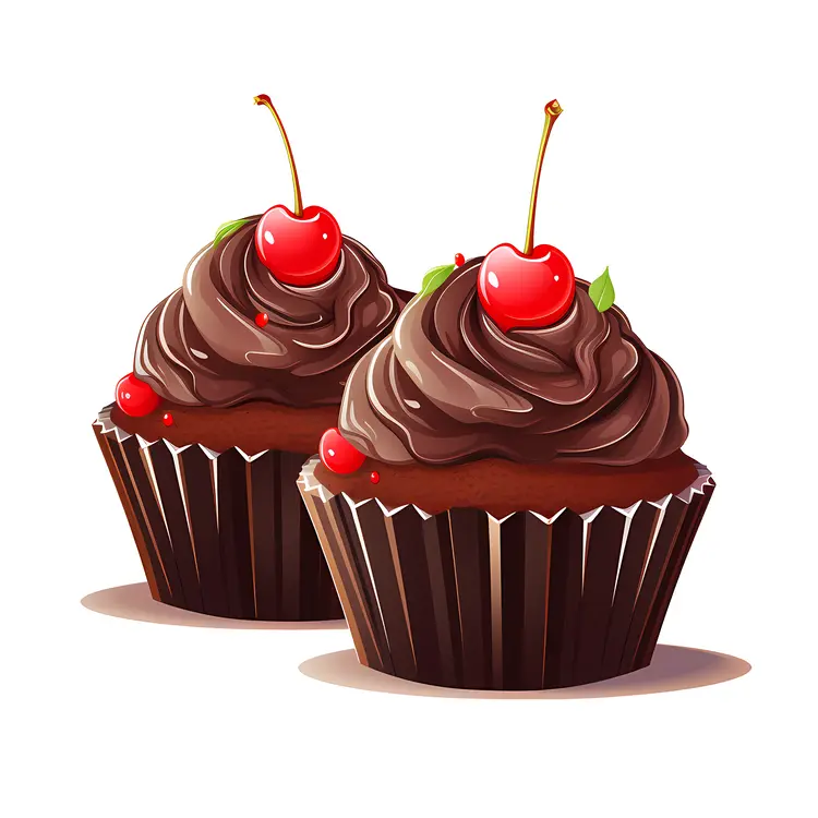Chocolate Cupcakes with Cherries and Green Leaves