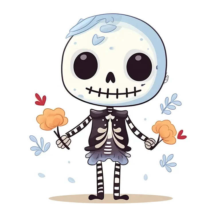Cute Skeleton with Flowers and Hearts