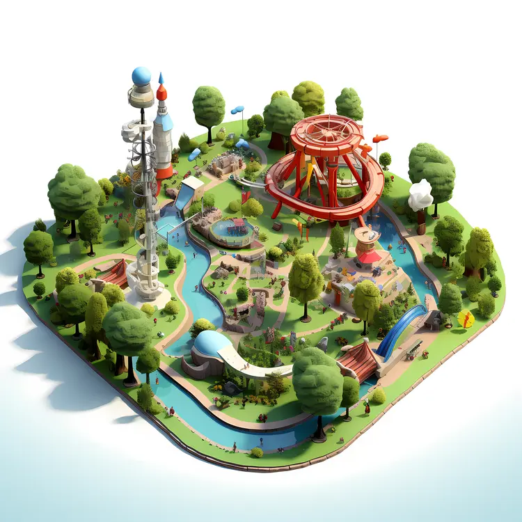 Colorful Amusement Park with Rides and Trees