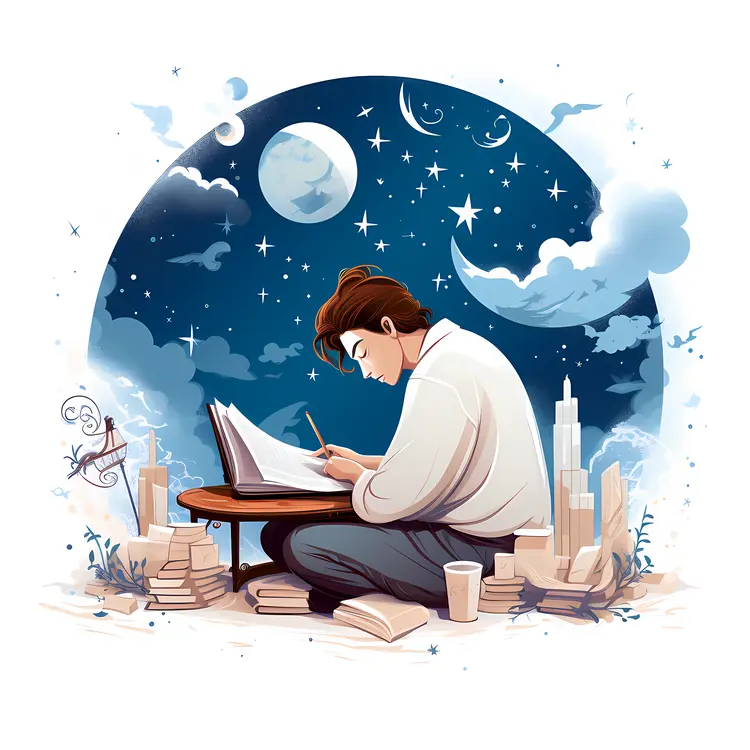 Person Writing at Night with Books