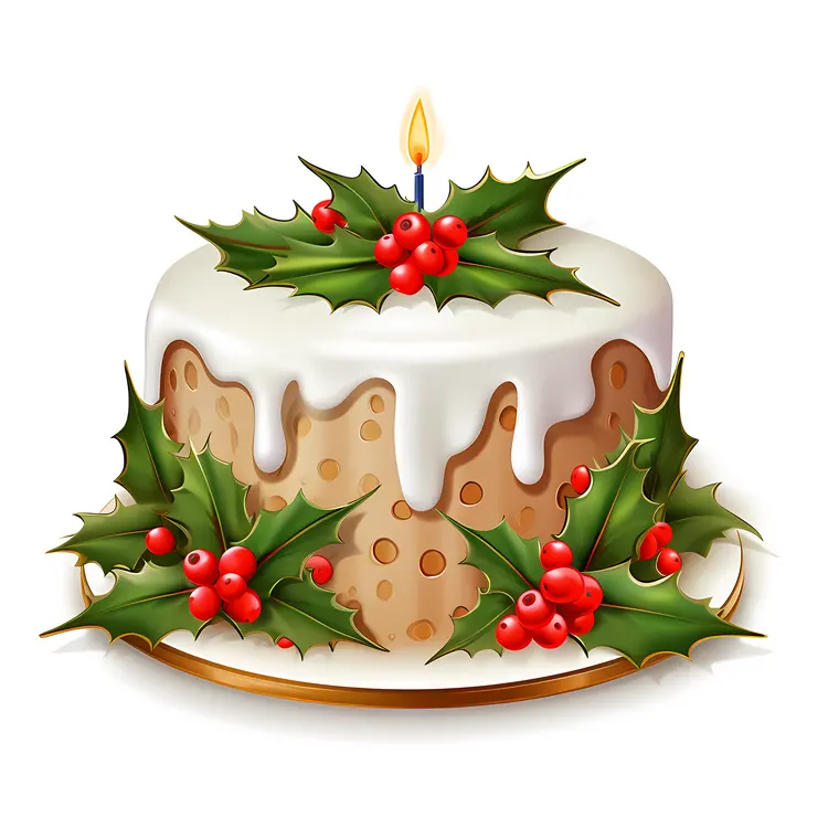 Christmas Cake with Holly, Berries, and Candle