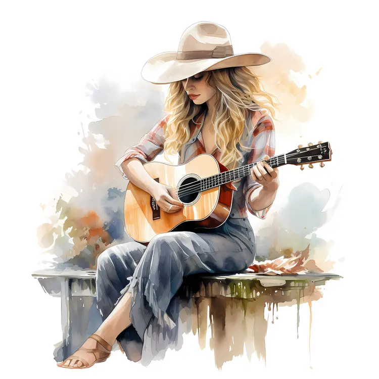 Woman Playing Guitar with Hat