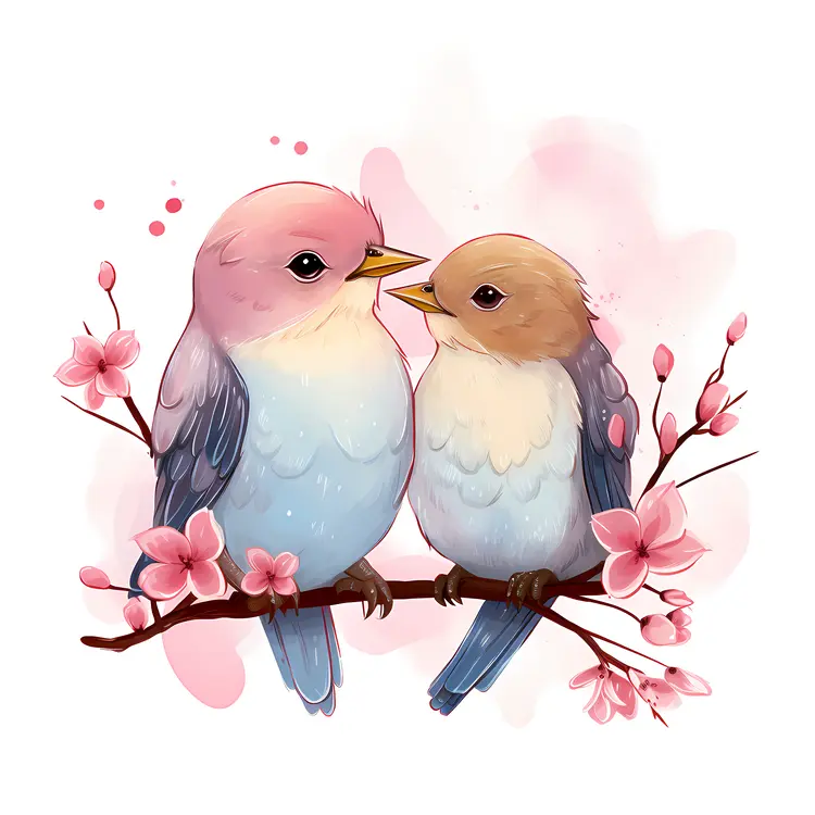 Cute Birds on a Branch with Flowers