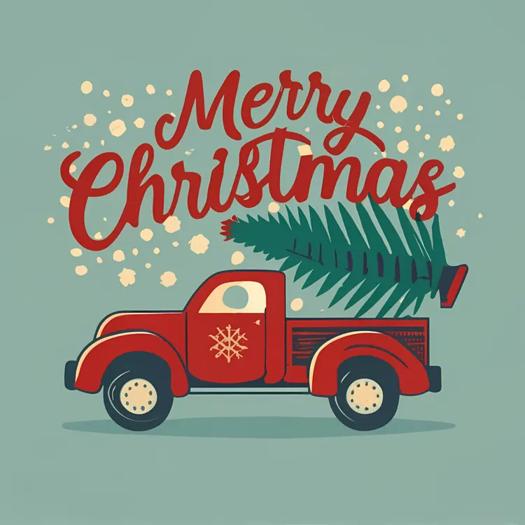 Red Truck with Christmas Tree and Merry Christmas Text