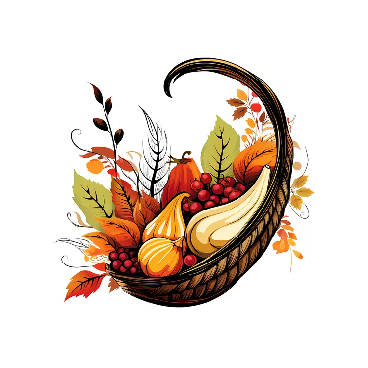 Cornucopia Basket with Autumn Leaves and Fruits