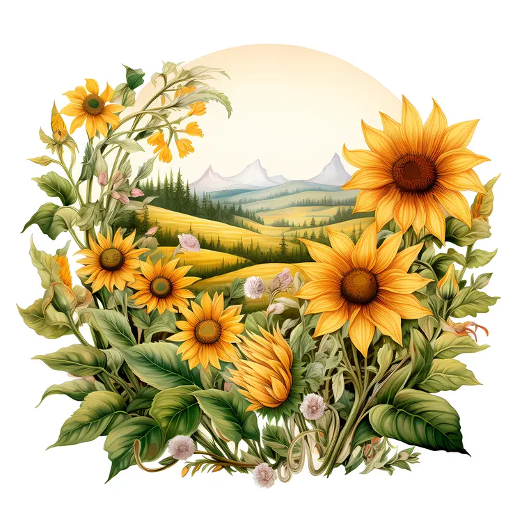 Beautiful Sunflowers in Mountain Landscape