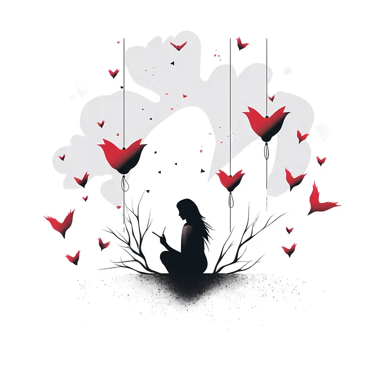 Silhouette of a Girl with Red Butterflies in Artistic Illustration