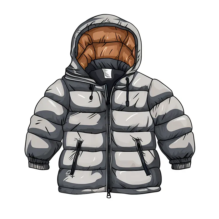 Gray and White Puffer Jacket with Hood