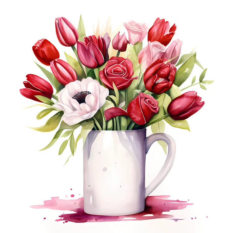 Vibrant Floral Mug with Red Tulips and Pink Roses