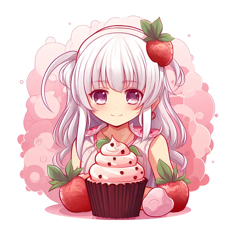 Anime Girl with Strawberry Cupcake