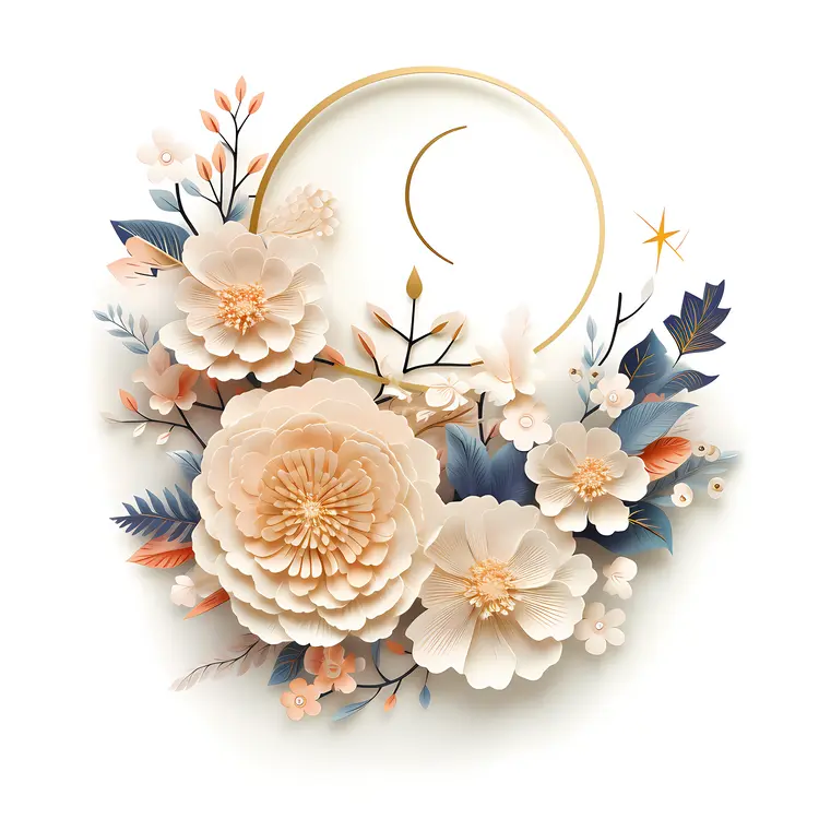 White Flowers and Crescent Moon in Delicate Floral Art