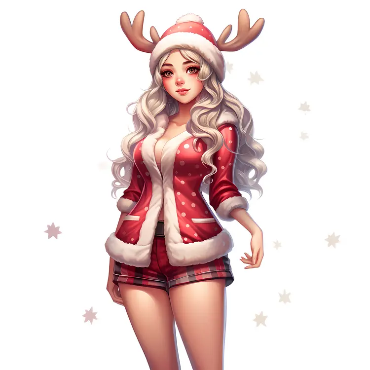 Festive Girl with Antlers in Red Christmas Outfit