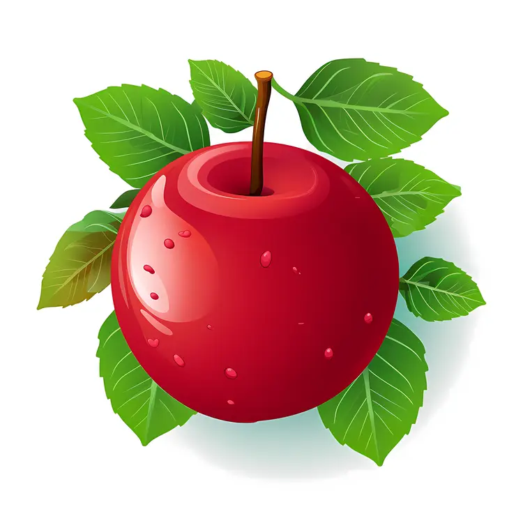 Shiny Red Apple with Green Leaves