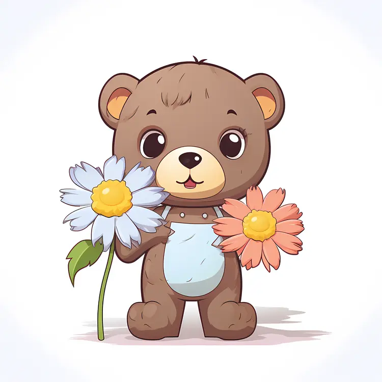 Cute Brown Teddy Bear Holding Flowers
