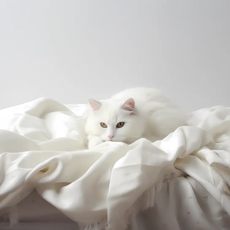 Fluffy White Cat Relaxing on Bed