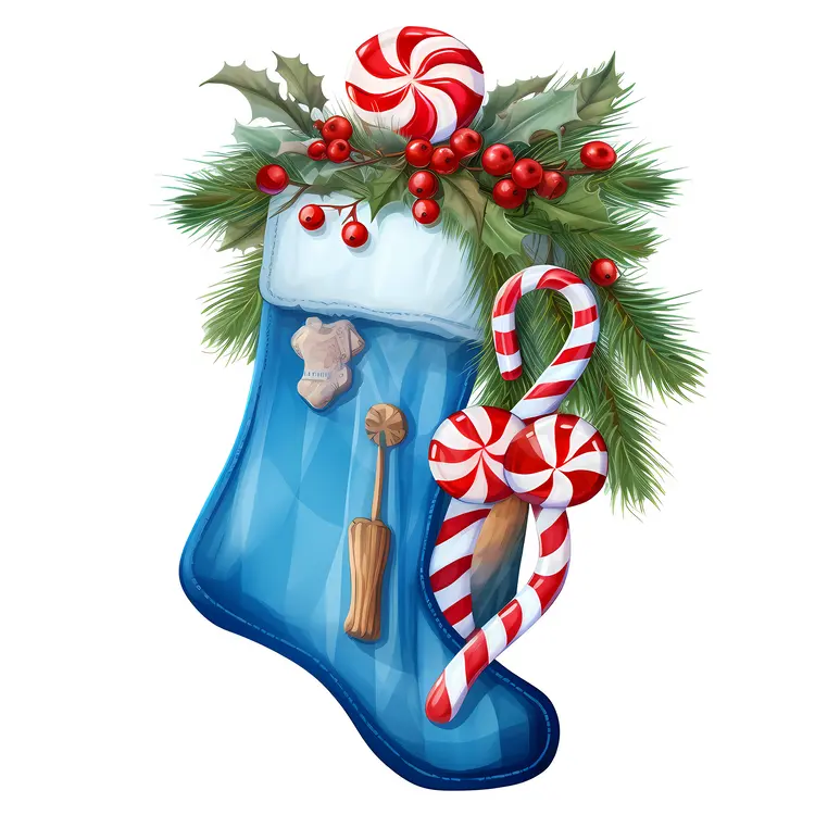 Blue Christmas Stocking with Candy Cane and Holly Berries