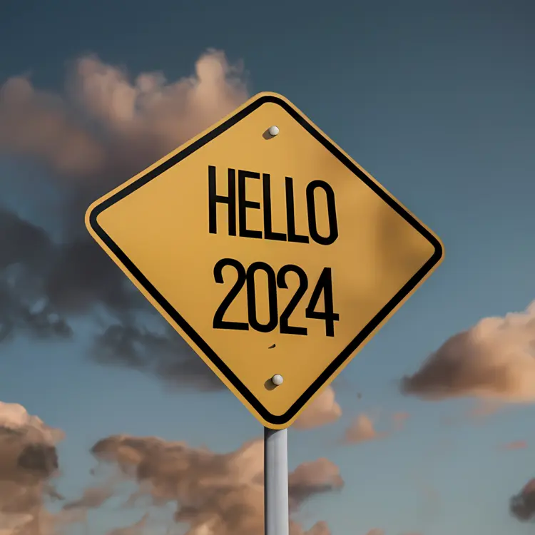 Hello 2024 Road Sign with Cloudy Sky