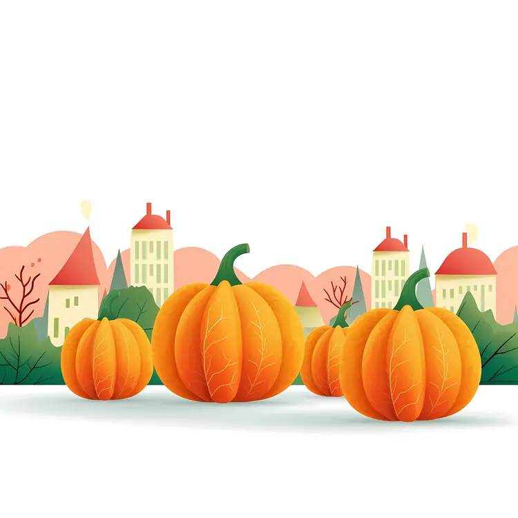 Four Pumpkins with Autumn Leaves