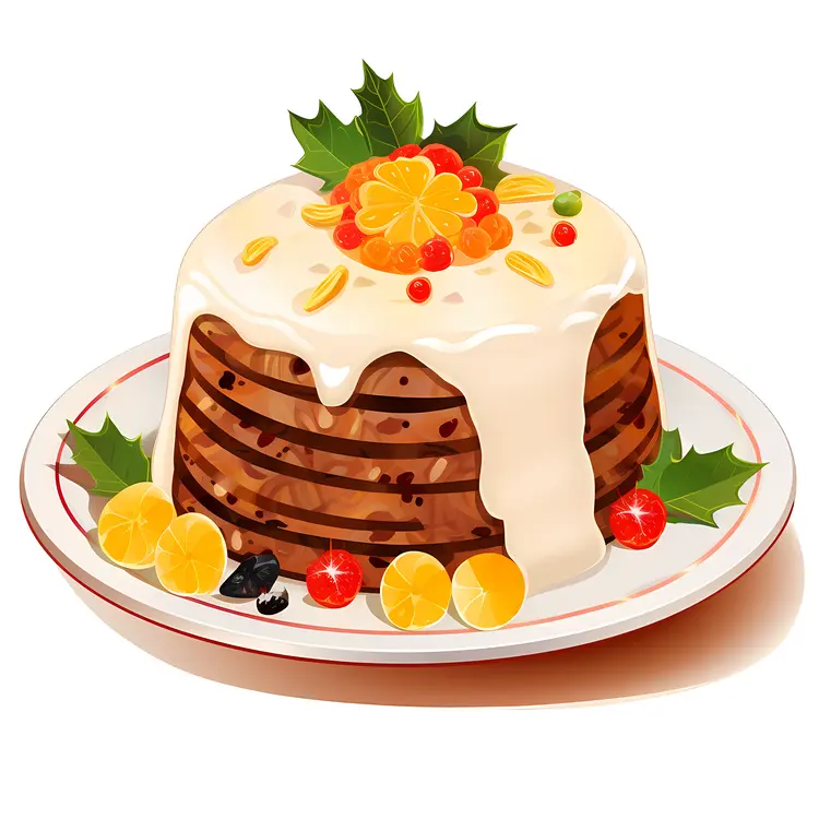 Decorated Cake with Icing and Citrus Fruits