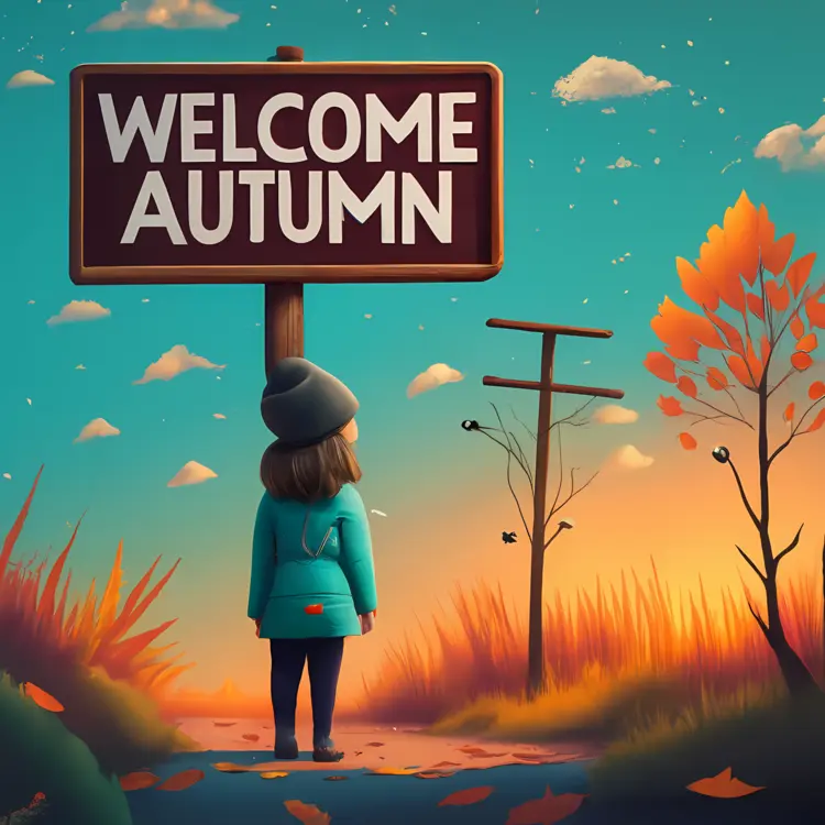 Welcome Autumn Sign with Girl in Coat