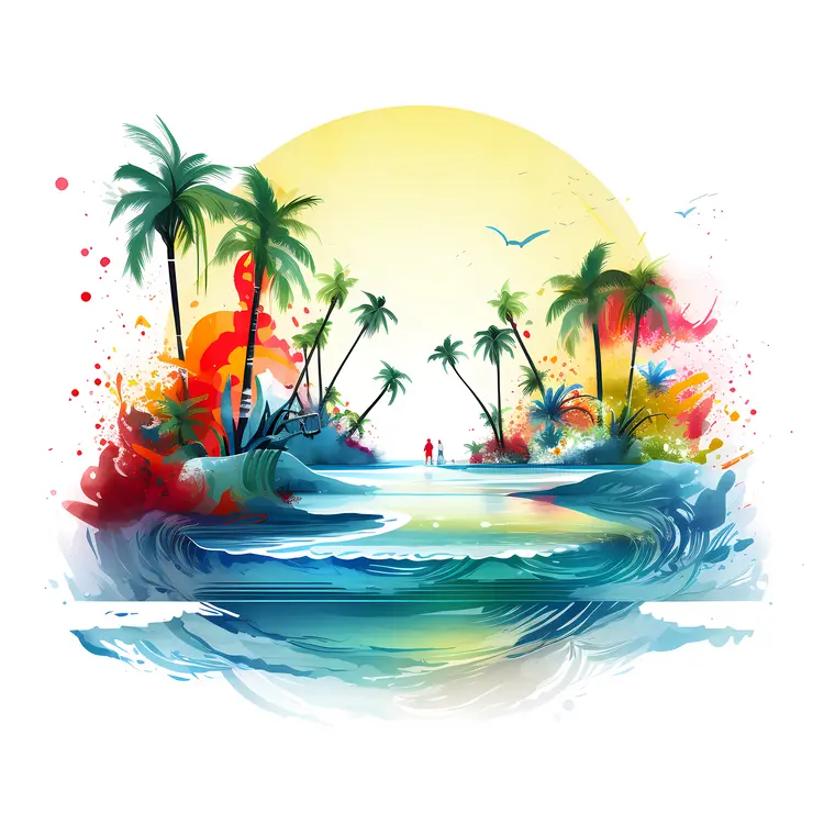 Vibrant Tropical Island with Palm Trees and Ocean Waves