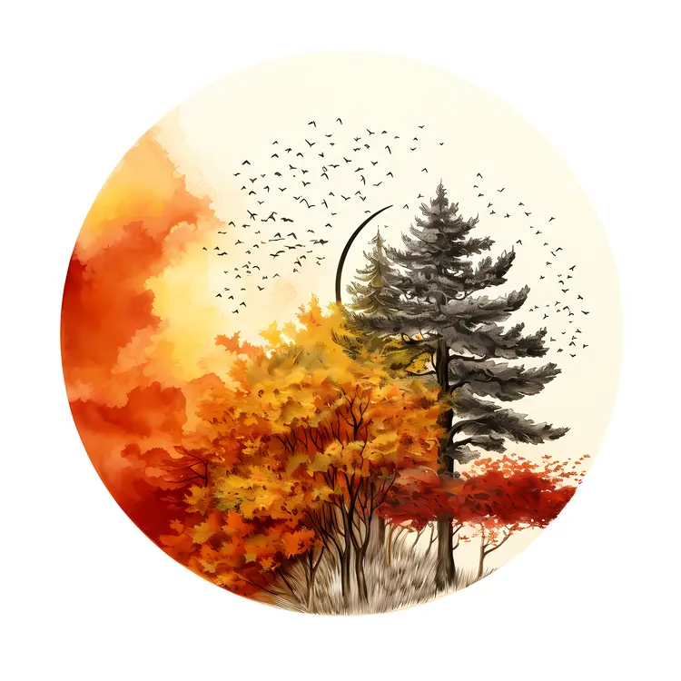 Autumn Tree with Birds and Leaves