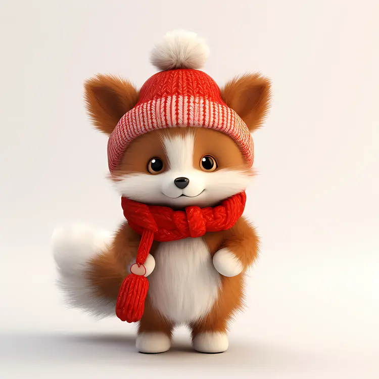 Cute Fox with Red Hat and Scarf