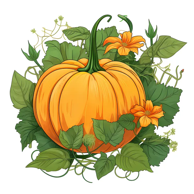 Orange Pumpkin with Green Leaves and Vines