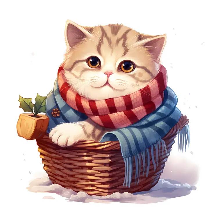 Kitten in Basket with Checkered Scarf