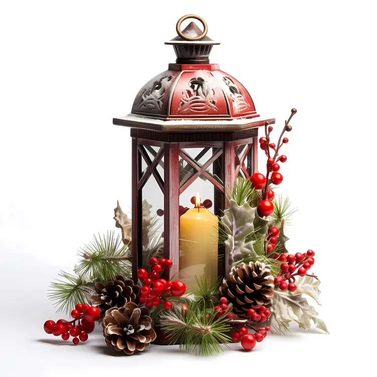 Red Lantern with Candle and Pinecones for Christmas