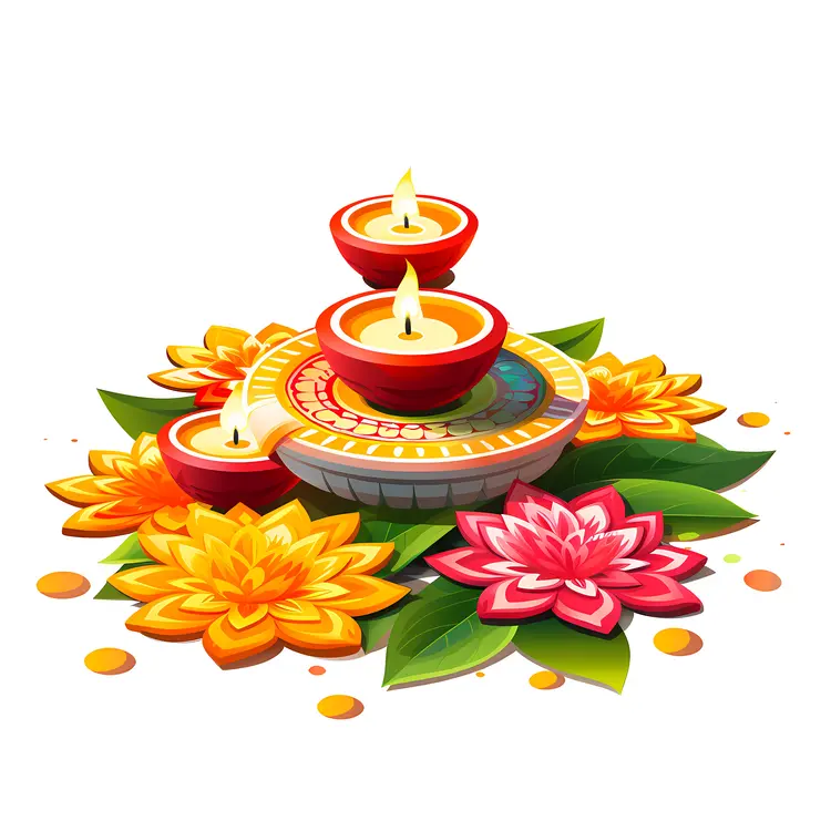 Three Diyas with Flowers for Diwali