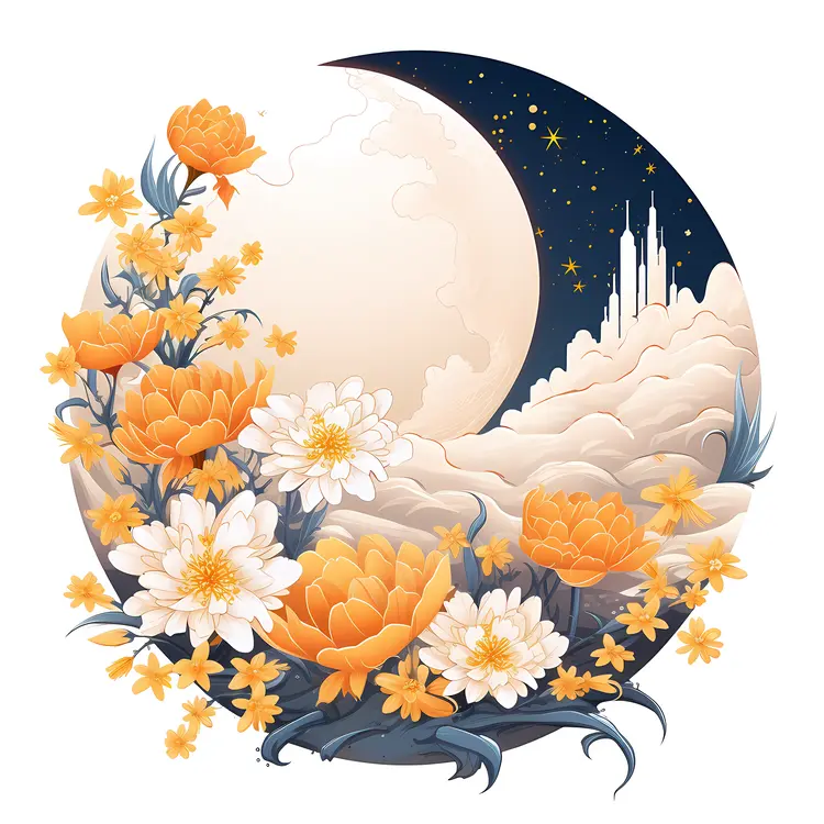 Orange Flowers and Crescent Moon in Elegant Floral Art