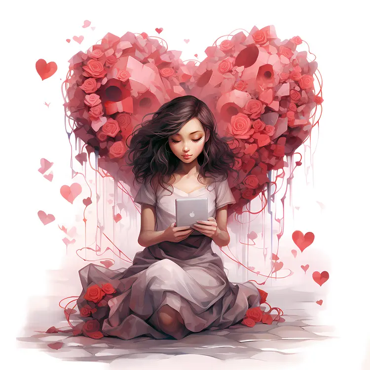 Girl Reading with Heart Background