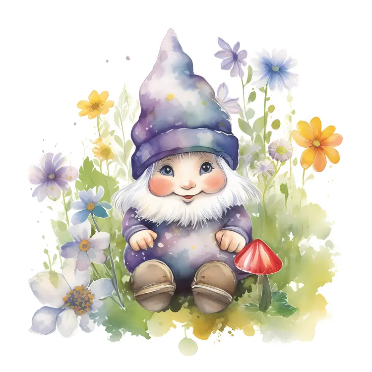 Cute Gnome in a Flower Garden Illustration