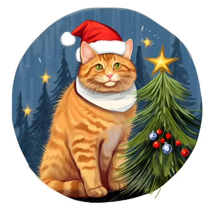 Christmas Cat with Tree Illustration
