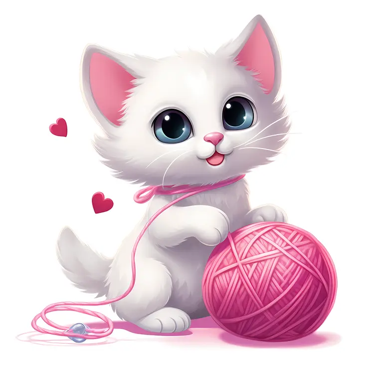 Cute White Kitten Playing with Pink Yarn