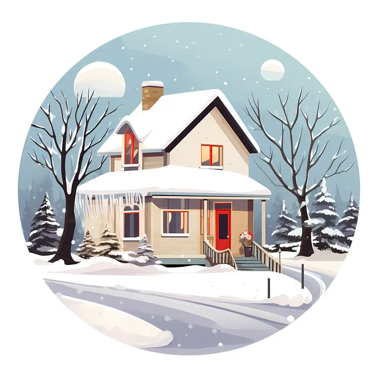 Snowy House with Icicles at Night