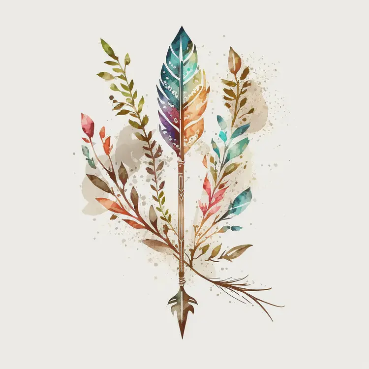 Colorful Feather with Leaves in Watercolor Style