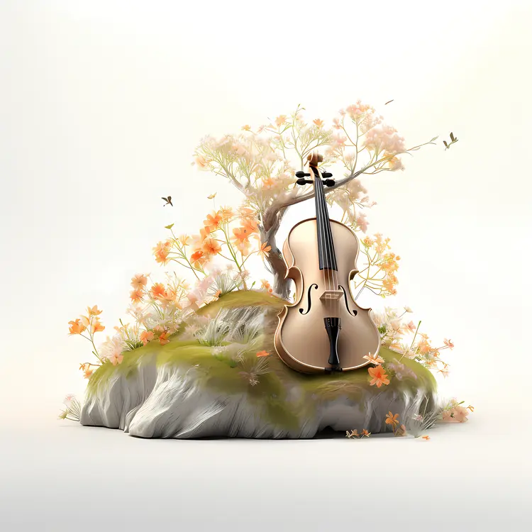 Violin on Rock with Flowers