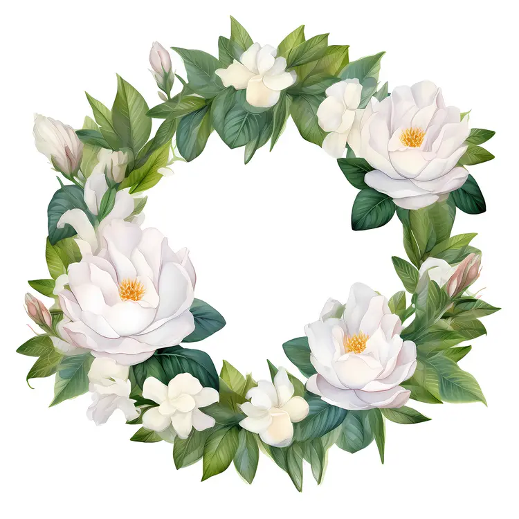 Beautiful Flower Wreath with White Flowers and Green Leaves